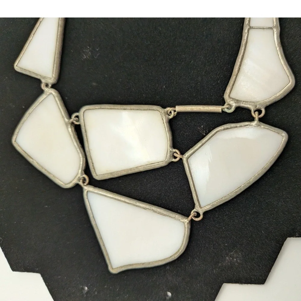 Geometric White Glass Statement Necklace Silver Tone Bib by Lapis Zagreb Croatia - Picture 8 of 9
